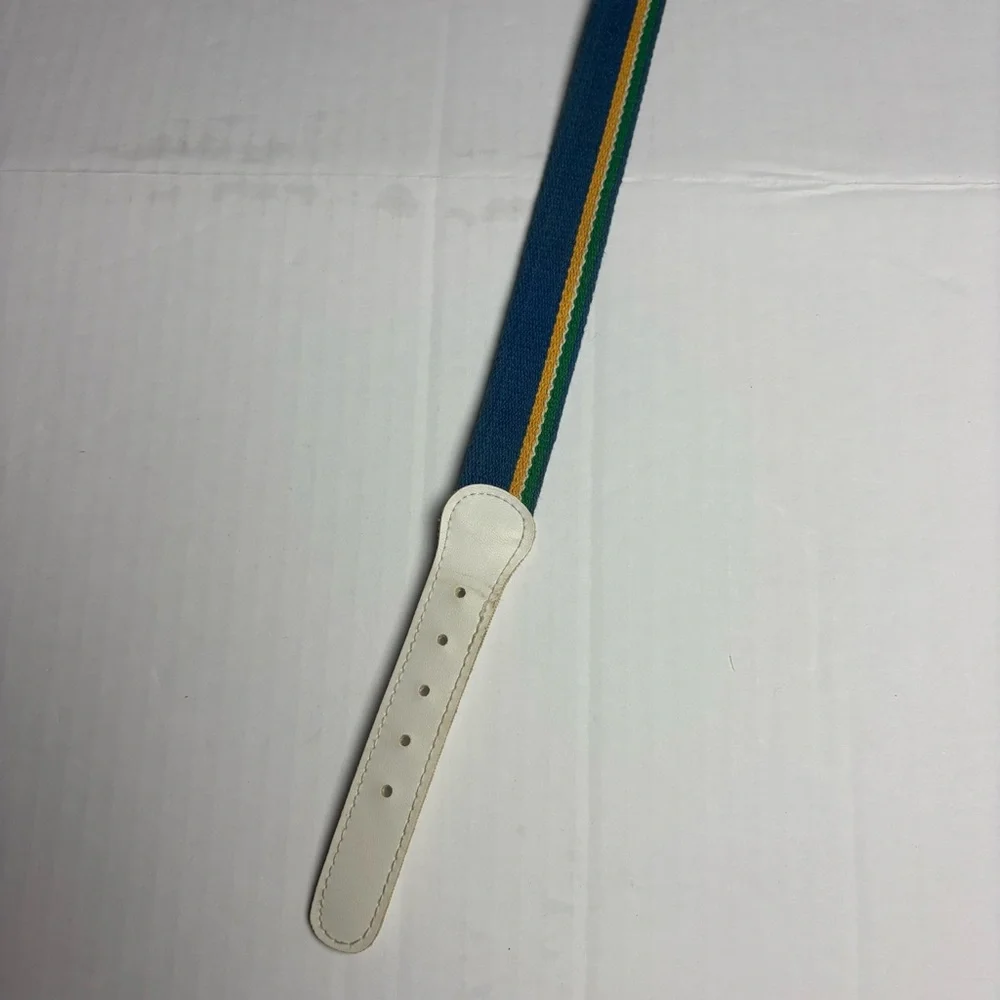 Vintage Canvas Faux Leather Size 38 Belt Blue White Green Yellow Stripe Preppy